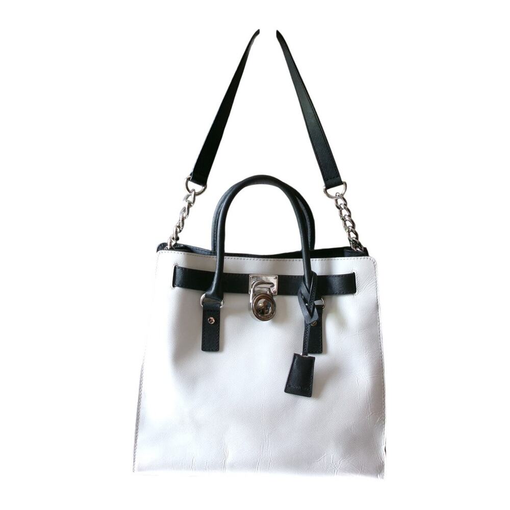 Michael Kors Hamilton Tote Bag Ivory Black Saffiano Chain Shoulder Satchel